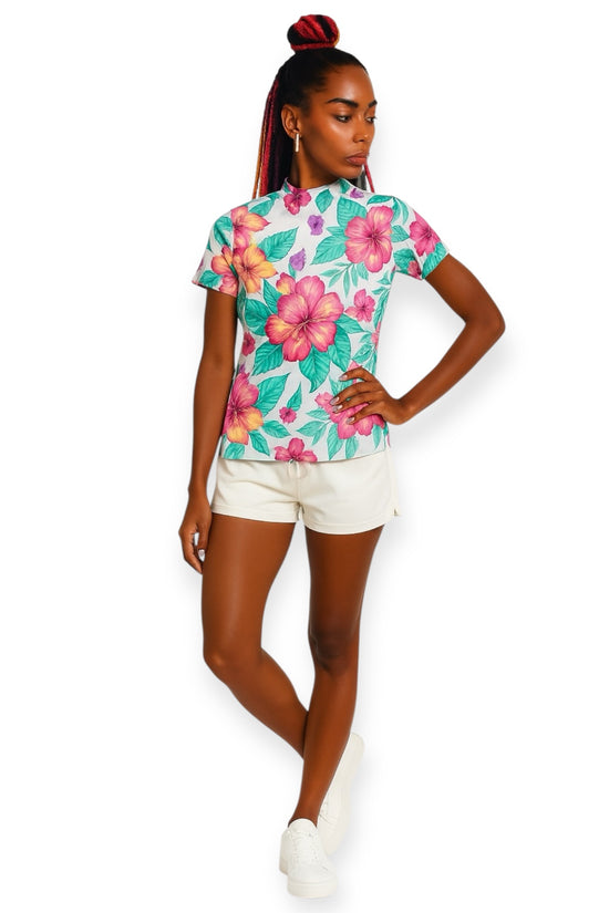 Ladies Mock Neck Hawaiian Hibiscus レディースゴルフウェア 夏 モックネック 半袖 ストレッチ 速乾 肌触りなめらか UVカット おしゃれ 可愛い ハワイアン ハイビスカス