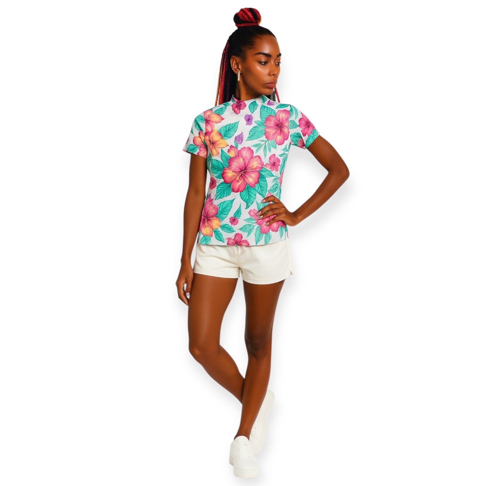 Ladies Mock Neck Hawaiian Hibiscus レディースゴルフウェア 夏 モックネック 半袖 ストレッチ 速乾 肌触りなめらか UVカット おしゃれ 可愛い ハワイアン ハイビスカス