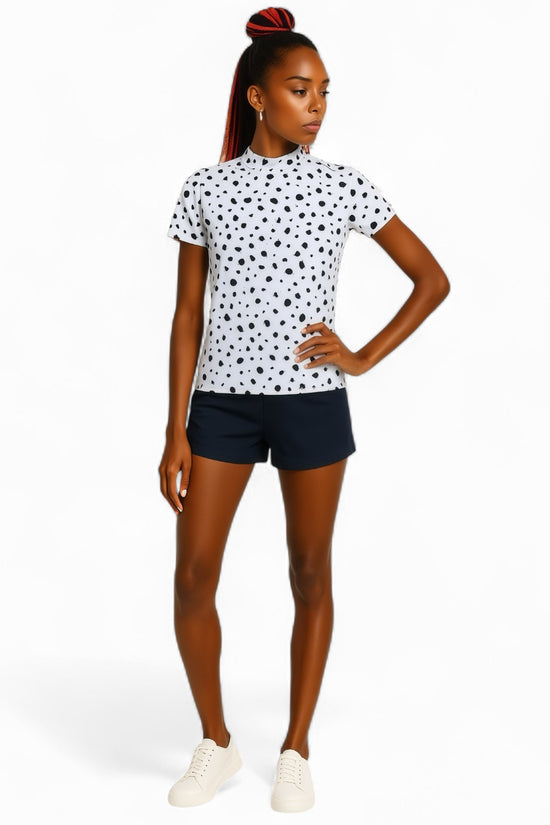 Ladies Animal Mock Neck Leopard レディースゴルフウェア アニマル モックネック 夏 半袖 レオパード 豹柄 伸縮性高い 肌触り柔らか 速乾 UVカット ホワイト おしゃれ 可愛い ゴルフ女子 おすすめ プレゼント