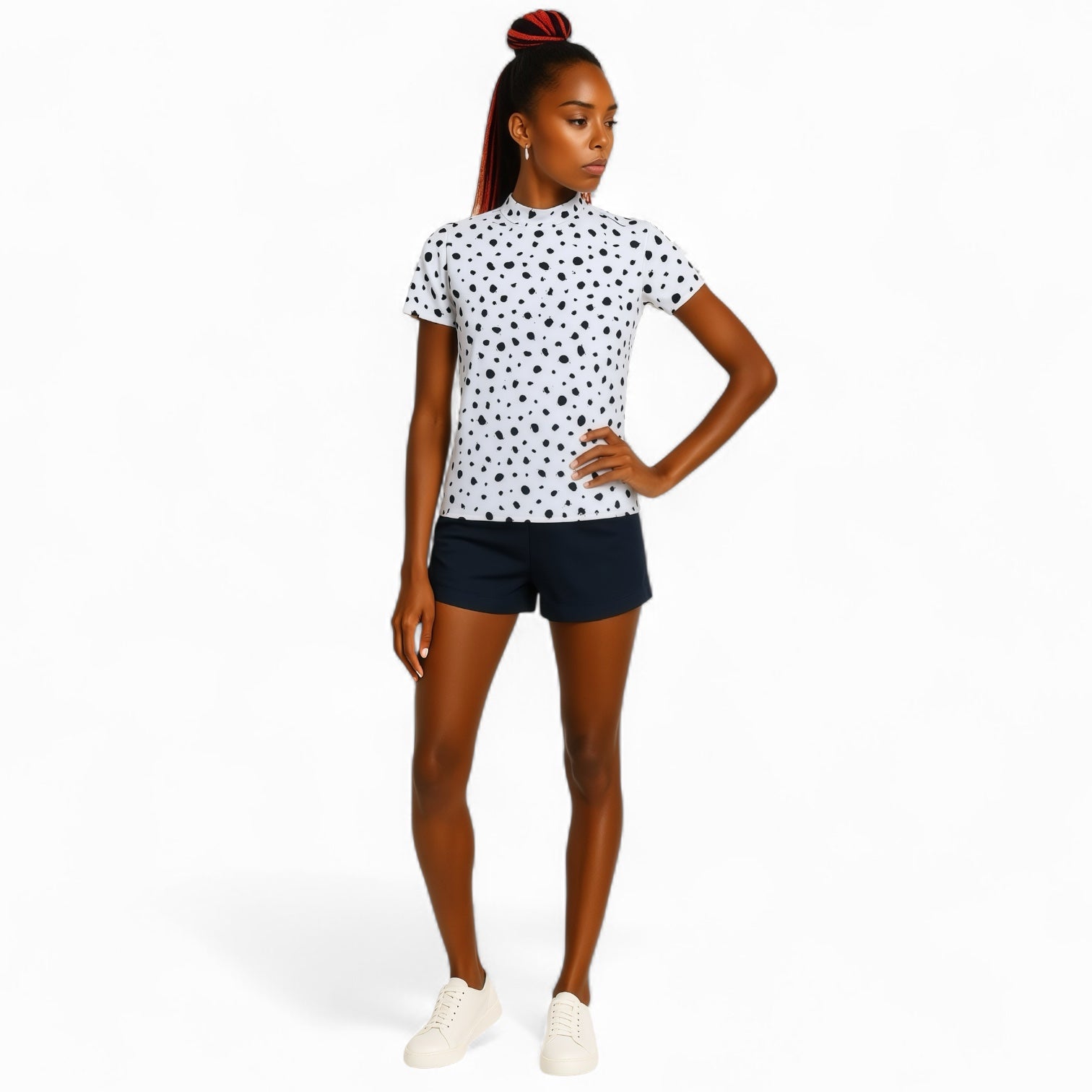 Ladies Animal Mock Neck Leopard レディースゴルフウェア アニマル モックネック 夏 半袖 レオパード 豹柄 伸縮性高い 肌触り柔らか 速乾 UVカット ホワイト おしゃれ 可愛い ゴルフ女子 おすすめ プレゼント