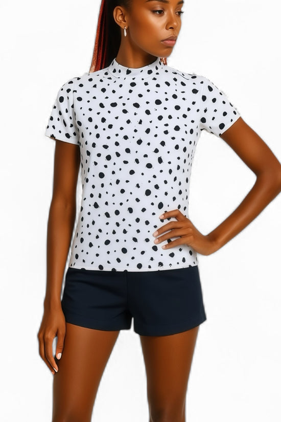 Ladies Animal Mock Neck Leopard レディースゴルフウェア アニマル モックネック 夏 半袖 レオパード 豹柄 伸縮性高い 肌触り柔らか 速乾 UVカット ホワイト おしゃれ 可愛い ゴルフ女子 おすすめ プレゼント