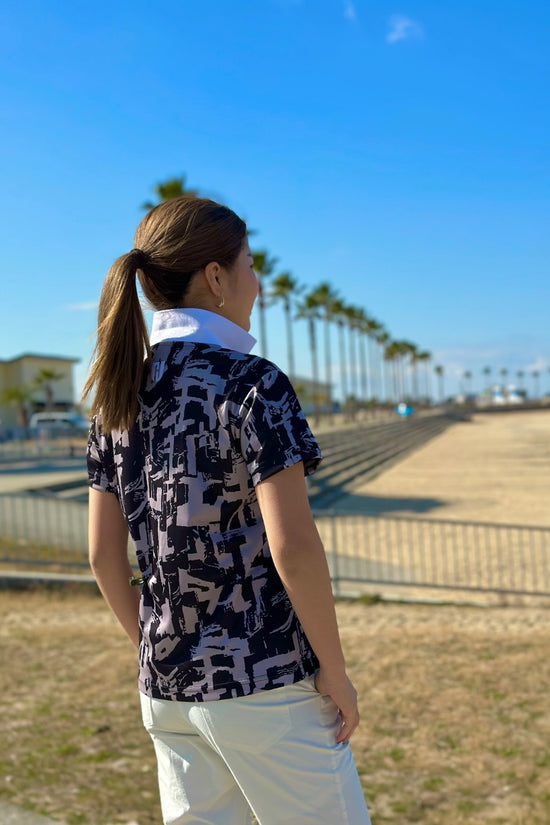 Women's Polo Shirt, Black. Golf wear, women's summer polo shirt, short sleeve, black, UV protection, stretchy, quick-drying.