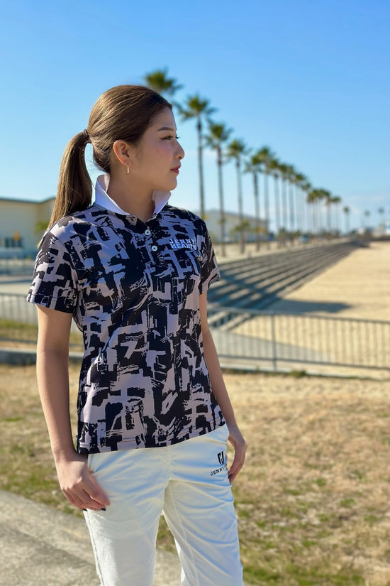 Women's Polo Shirt, Black. Golf wear, women's summer polo shirt, short sleeve, black, UV protection, stretchy, quick-drying.