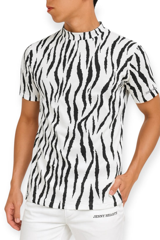 Men's Animal Mock Neck Zebra Golf Apparel, Short Sleeve, Highly Stretch, Soft to the Touch, Quick-Drying, White, Animal Print, Perfect for Spring and Summer. A Stylish Gift.