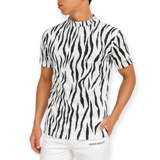 Men's Animal Mock Neck Zebra Golf Apparel, Short Sleeve, Highly Stretch, Soft to the Touch, Quick-Drying, White, Animal Print, Perfect for Spring and Summer. A Stylish Gift.