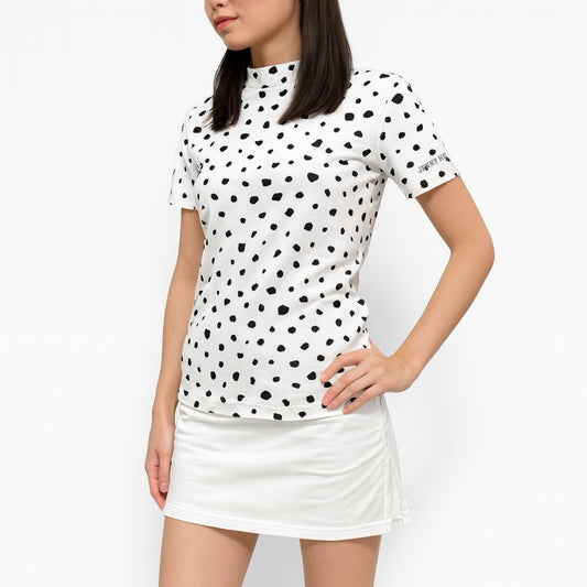 Women's Animal Mock Neck Leopard Print Golf Wear. Summer Short Sleeves with Stretchy Leopard Print. Soft to the Touch, Quick-Drying, UV Protection, White. Stylish and Cute. Recommended for Golfers. A Great Gift.