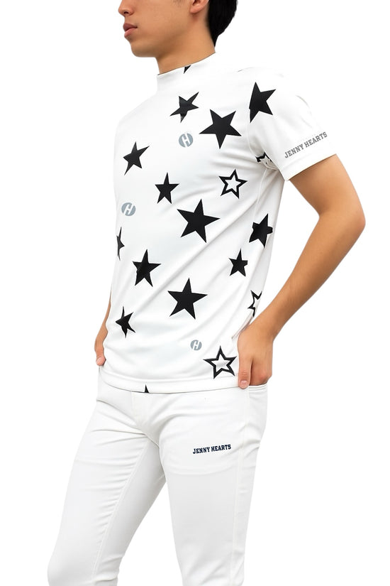 Men's Mock Neck Twinkle Star Golf Apparel for Summer, Mock Neck, Short Sleeves, Stretch, Quick-Drying, Smooth to the Touch, UV Protection, Star Pattern, Stylish and Cute