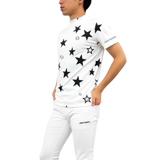 Men's Mock Neck Twinkle Star Golf Apparel for Summer, Mock Neck, Short Sleeves, Stretch, Quick-Drying, Smooth to the Touch, UV Protection, Star Pattern, Stylish and Cute