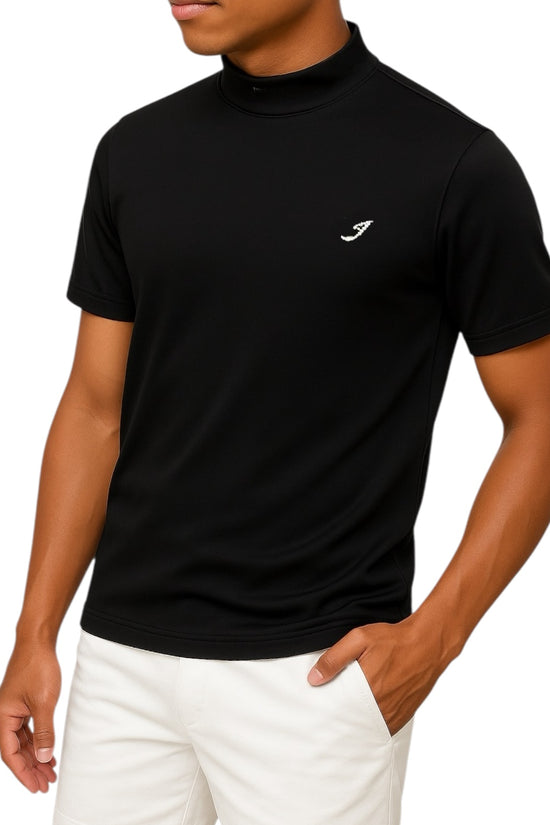 Unisex Mock Neck Rhinestorn Men's Summer Golf Apparel, Mock Neck, Short Sleeve, Rhinestone and Polka Dot Embossing, Stretchy, Quick-Drying, UV Protection, Deodorizing, Black, Luxurious, Made in Japan