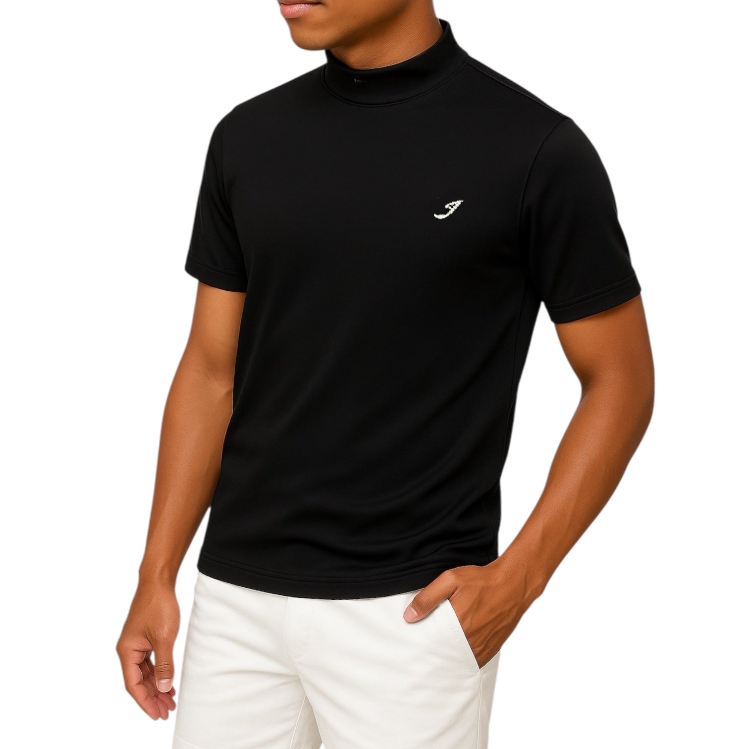 Unisex Mock Neck Rhinestorn Men's Summer Golf Apparel, Mock Neck, Short Sleeve, Rhinestone and Polka Dot Embossing, Stretchy, Quick-Drying, UV Protection, Deodorizing, Black, Luxurious, Made in Japan