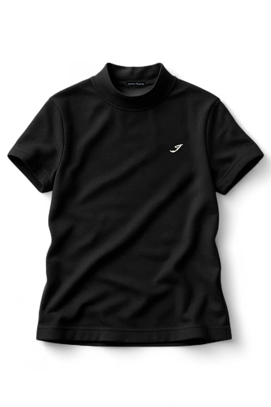 Unisex Mock Neck Rhinestorn Men's Summer Golf Apparel, Mock Neck, Short Sleeve, Rhinestone and Polka Dot Embossing, Stretchy, Quick-Drying, UV Protection, Deodorizing, Black, Luxurious, Made in Japan