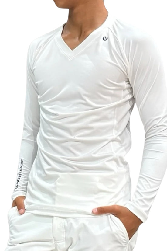Men's V-neck inner shirt, long sleeve, white, for golf.