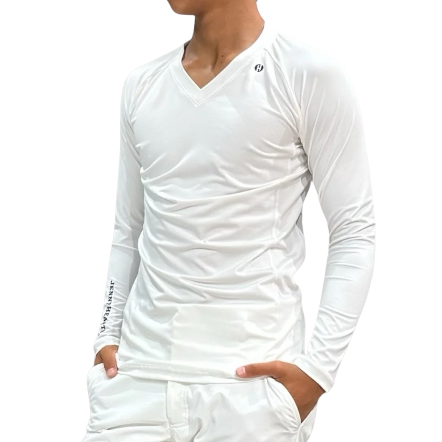 Men's V-neck inner shirt, long sleeve, white, for golf.