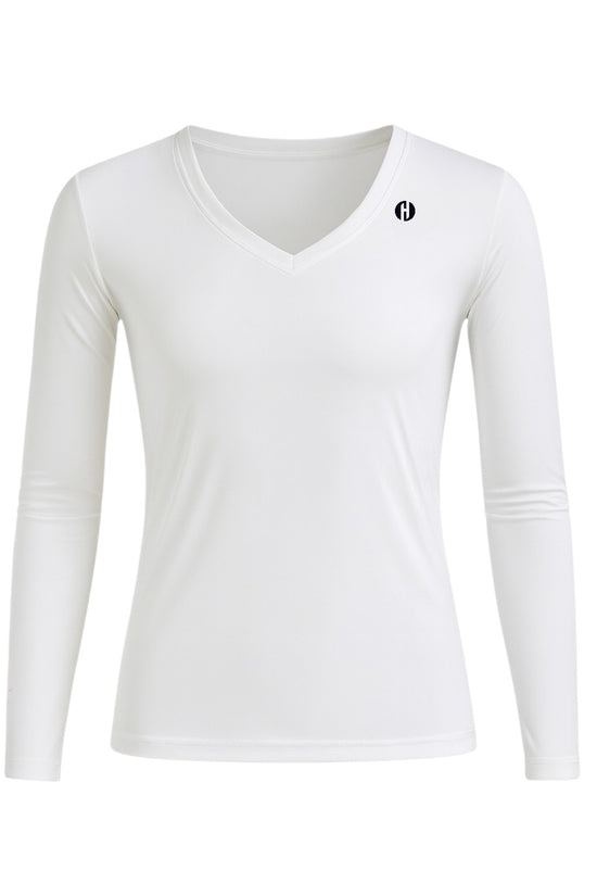 Men's V-neck inner shirt, long sleeve, white, for golf.