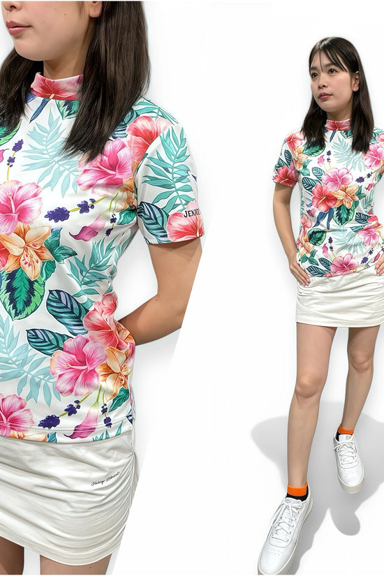 Women's Mock Neck Hawaiian Hibiscus Golf Wear for Summer, Mock Neck, Short Sleeves, Stretch, Quick-Drying, Smooth to the Touch, UV Protection, Stylish, Cute Hawaiian Hibiscus