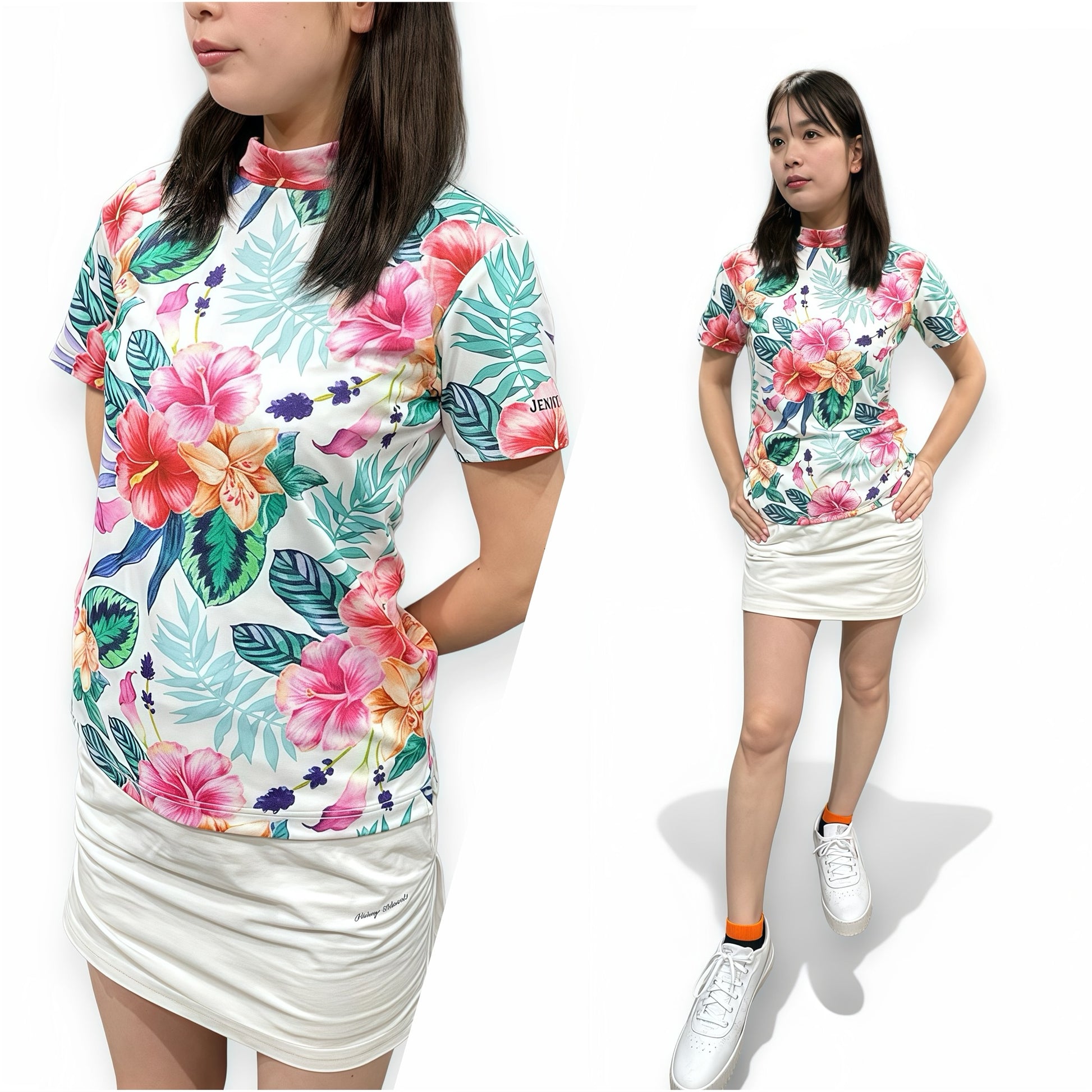 Women's Mock Neck Hawaiian Hibiscus Golf Wear for Summer, Mock Neck, Short Sleeves, Stretch, Quick-Drying, Smooth to the Touch, UV Protection, Stylish, Cute Hawaiian Hibiscus