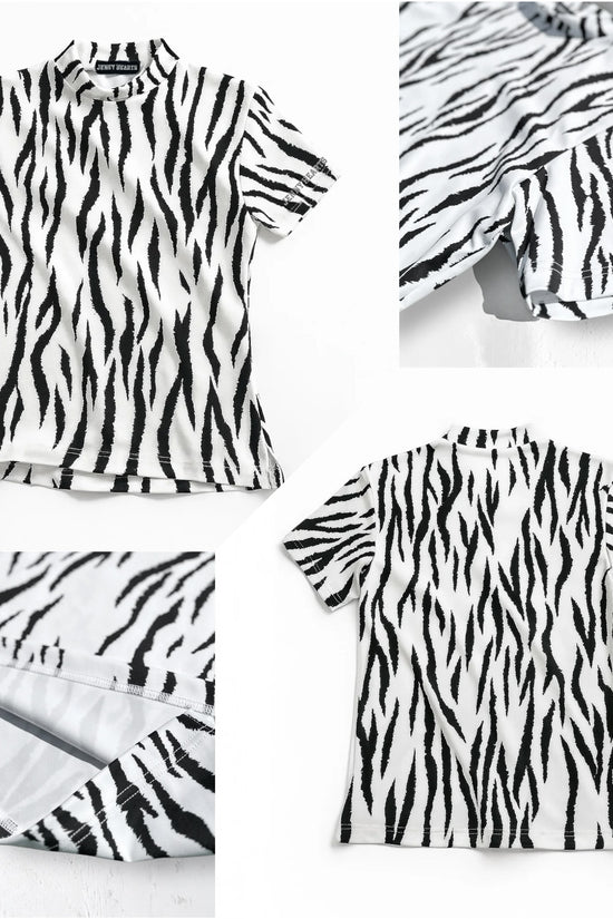 เสื้อกอล์ฟคอตั้งลายม้าลายสำหรับผู้ชาย แขนสั้น ยืดหยุ่นสูง นุ่มสบาย แห้งเร็ว สีขาว ลายสัตว์ เหมาะสำหรับฤดูใบไม้ผลิและฤดูร้อน ของขวัญสุดเก๋