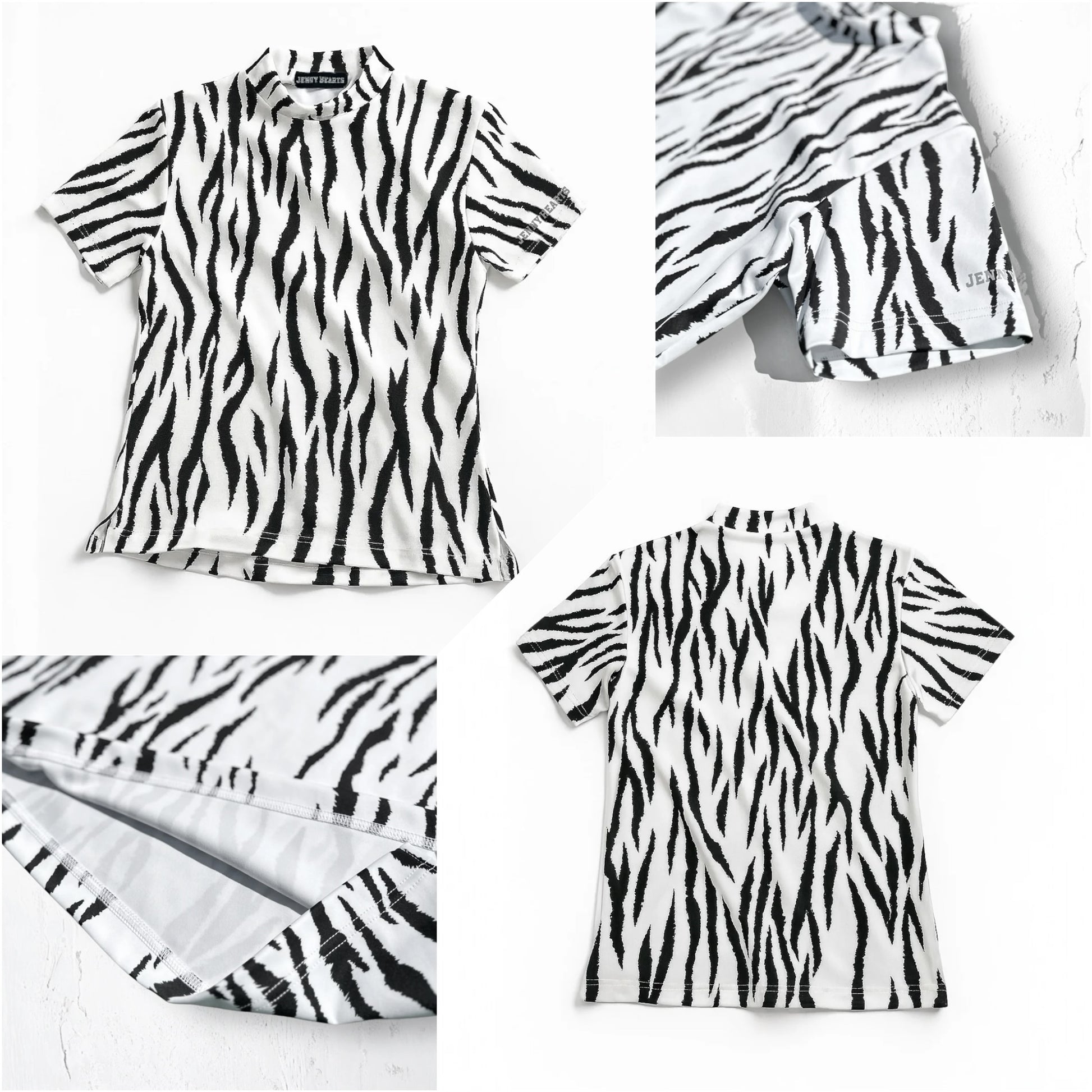 เสื้อกอล์ฟคอตั้งลายม้าลายสำหรับผู้ชาย แขนสั้น ยืดหยุ่นสูง นุ่มสบาย แห้งเร็ว สีขาว ลายสัตว์ เหมาะสำหรับฤดูใบไม้ผลิและฤดูร้อน ของขวัญสุดเก๋