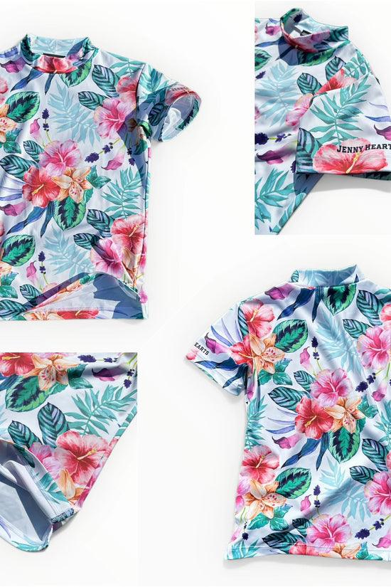 Women's Mock Neck Hawaiian Hibiscus Golf Wear for Summer, Mock Neck, Short Sleeves, Stretch, Quick-Drying, Smooth to the Touch, UV Protection, Stylish, Cute Hawaiian Hibiscus