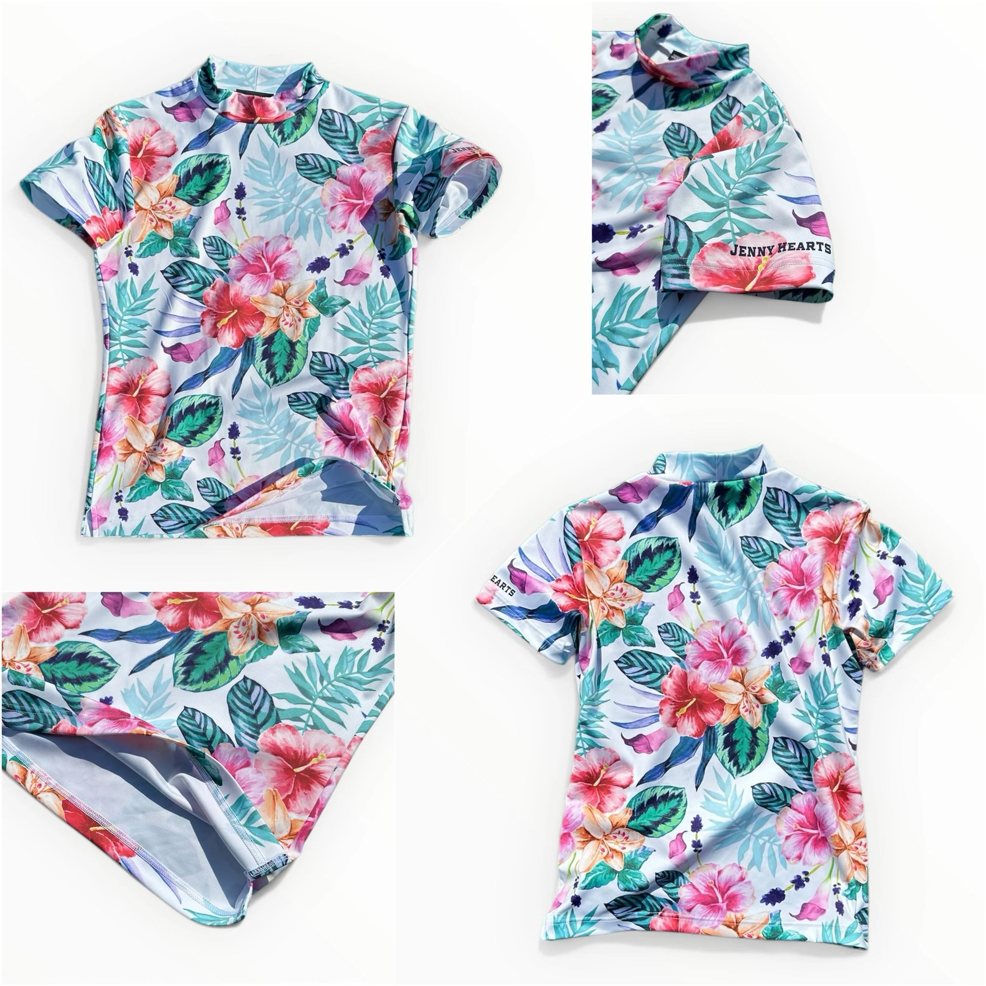 Women's Mock Neck Hawaiian Hibiscus Golf Wear for Summer, Mock Neck, Short Sleeves, Stretch, Quick-Drying, Smooth to the Touch, UV Protection, Stylish, Cute Hawaiian Hibiscus