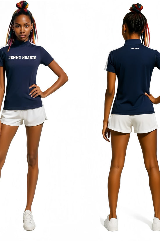 Ladies Mock Neck Spandex 究極のなめらかさ ゴルフウェア レディース 夏 モックネック 半袖 軽量 ネイビー ツートンカラー UVカット 速乾 伸縮性抜群 おしゃれ