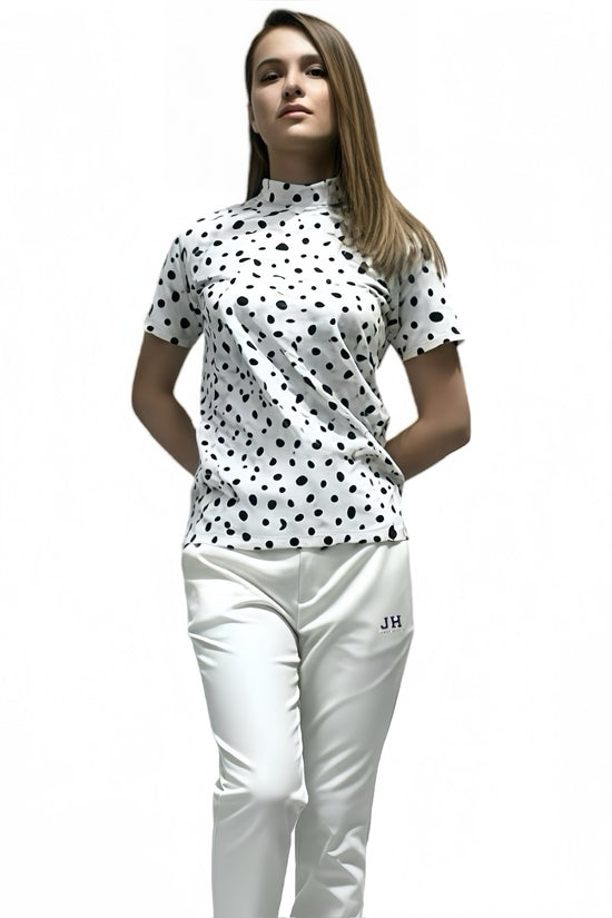 Ladies Animal Mock Neck Leopard レディースゴルフウェア アニマル モックネック 夏 半袖 レオパード 豹柄 伸縮性高い 肌触り柔らか 速乾 UVカット ホワイト おしゃれ 可愛い ゴルフ女子 おすすめ プレゼント