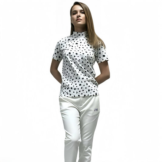 Ladies Animal Mock Neck Leopard レディースゴルフウェア アニマル モックネック 夏 半袖 レオパード 豹柄 伸縮性高い 肌触り柔らか 速乾 UVカット ホワイト おしゃれ 可愛い ゴルフ女子 おすすめ プレゼント
