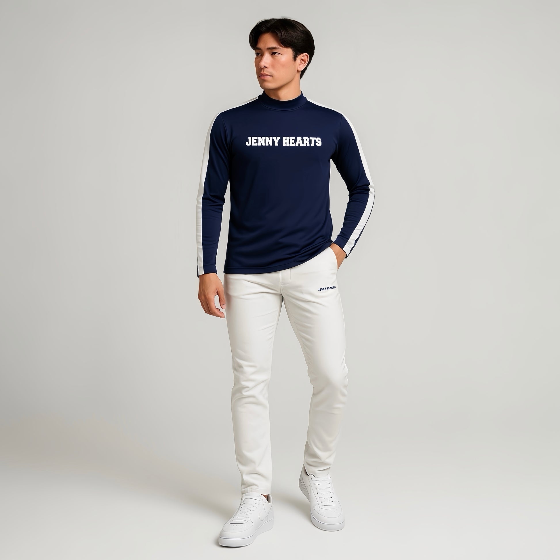 Mens Mock Neck Spandex 究極のなめらかさ ゴルフウェア メンズ 秋 モックネック 長袖 軽量 ネイビー ツートンカラー UVカット 速乾 伸縮性抜群 おしゃれ