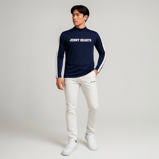 Mens Mock Neck Spandex 究極のなめらかさ ゴルフウェア メンズ 秋 モックネック 長袖 軽量 ネイビー ツートンカラー UVカット 速乾 伸縮性抜群 おしゃれ
