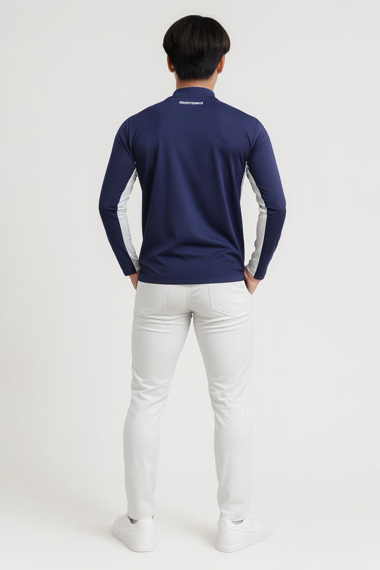 Mens Mock Neck Spandex 究極のなめらかさ ゴルフウェア メンズ 秋 モックネック 長袖 軽量 ネイビー ツートンカラー UVカット 速乾 伸縮性抜群 おしゃれ