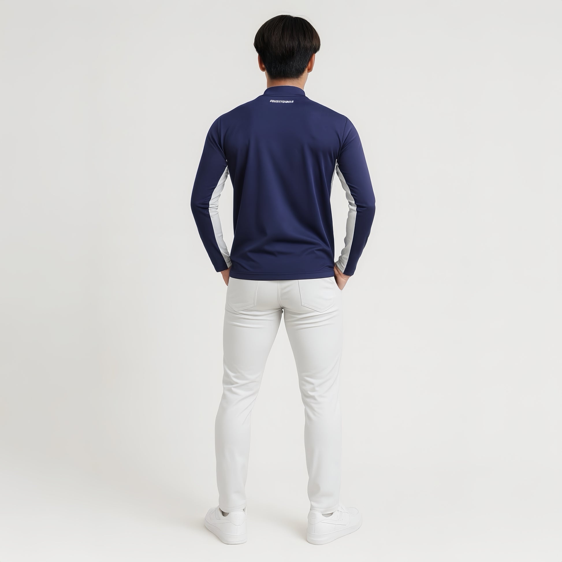Mens Mock Neck Spandex 究極のなめらかさ ゴルフウェア メンズ 秋 モックネック 長袖 軽量 ネイビー ツートンカラー UVカット 速乾 伸縮性抜群 おしゃれ