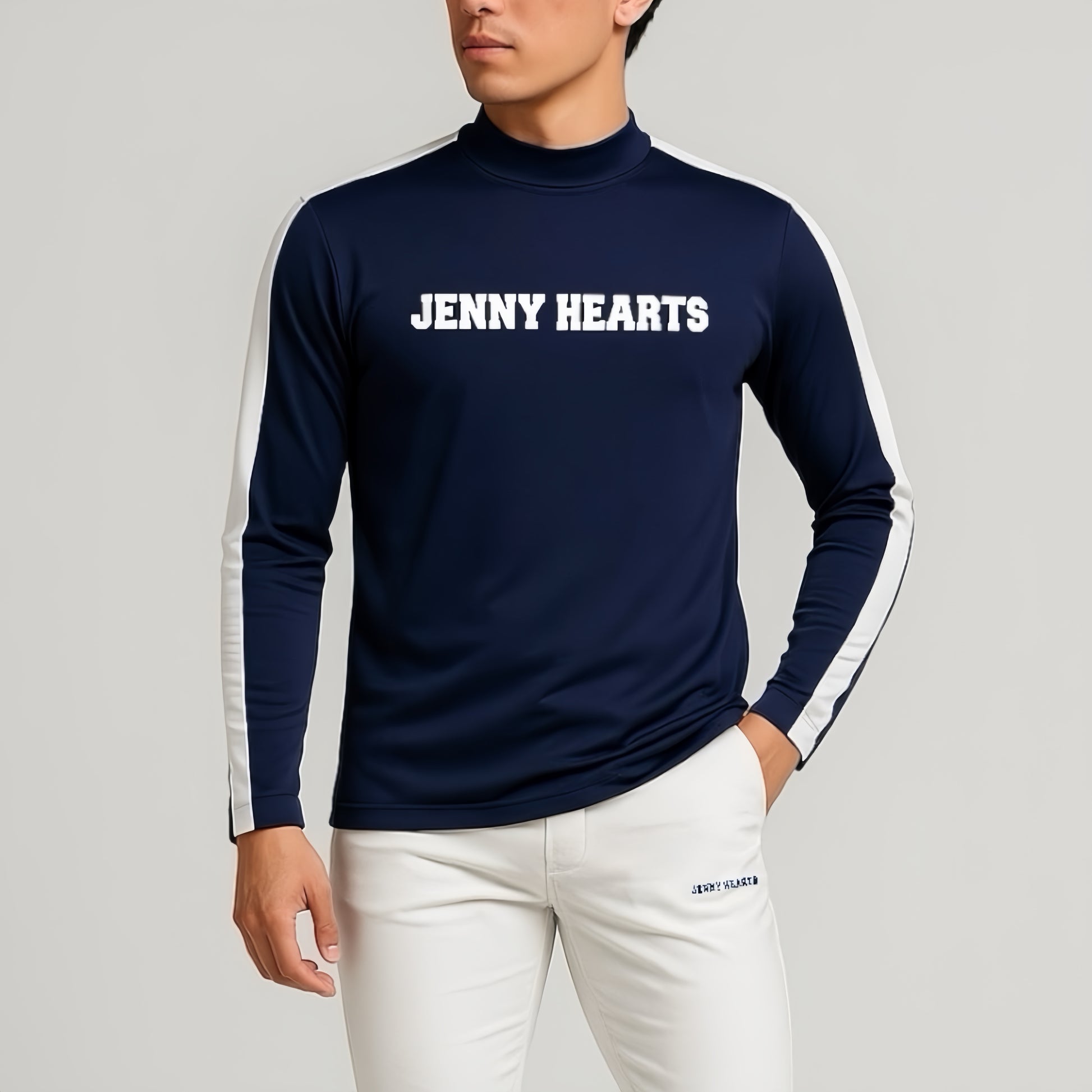 Mens Mock Neck Spandex 究極のなめらかさ ゴルフウェア メンズ 秋 モックネック 長袖 軽量 ネイビー ツートンカラー UVカット 速乾 伸縮性抜群 おしゃれ
