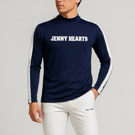 Mens Mock Neck Spandex 究極のなめらかさ ゴルフウェア メンズ 秋 モックネック 長袖 軽量 ネイビー ツートンカラー UVカット 速乾 伸縮性抜群 おしゃれ
