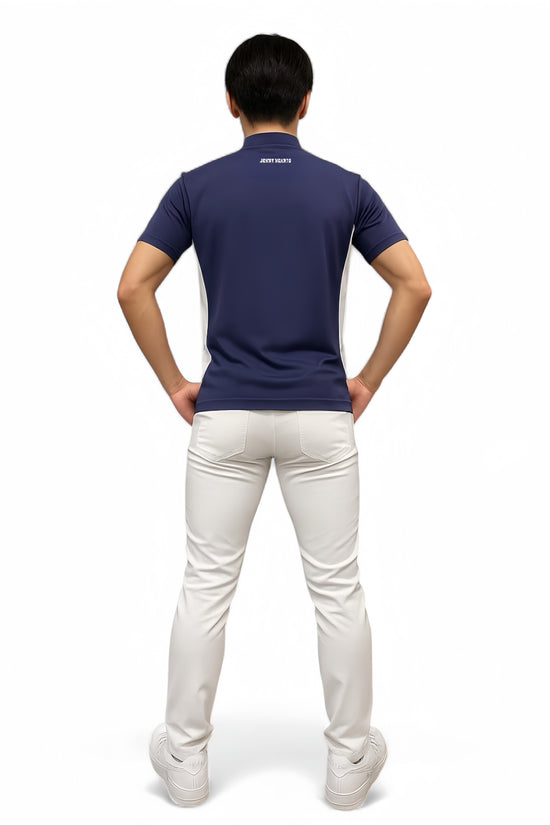 Mens Mock Neck Spandex 究極のなめらかさゴルフウェア メンズ 夏 モックネック 半袖 軽量 ネイビー ツートンカラー UVカット 速乾 伸縮性抜群 おしゃれ