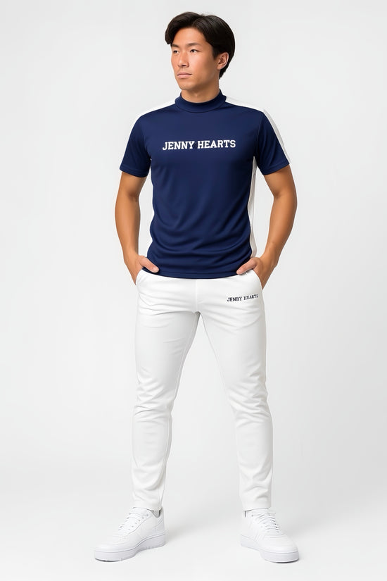 Mens Mock Neck Spandex 究極のなめらかさゴルフウェア メンズ 夏 モックネック 半袖 軽量 ネイビー ツートンカラー UVカット 速乾 伸縮性抜群 おしゃれ