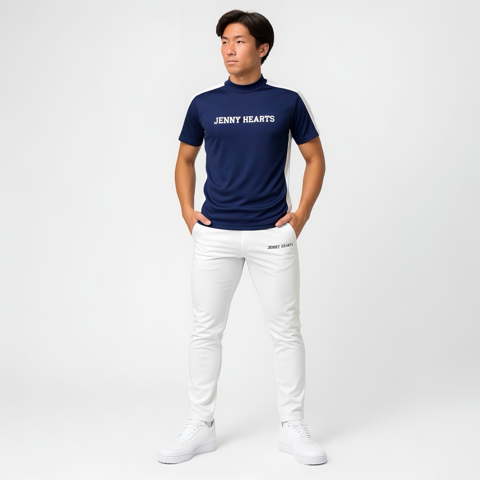 Mens Mock Neck Spandex 究極のなめらかさゴルフウェア メンズ 夏 モックネック 半袖 軽量 ネイビー ツートンカラー UVカット 速乾 伸縮性抜群 おしゃれ