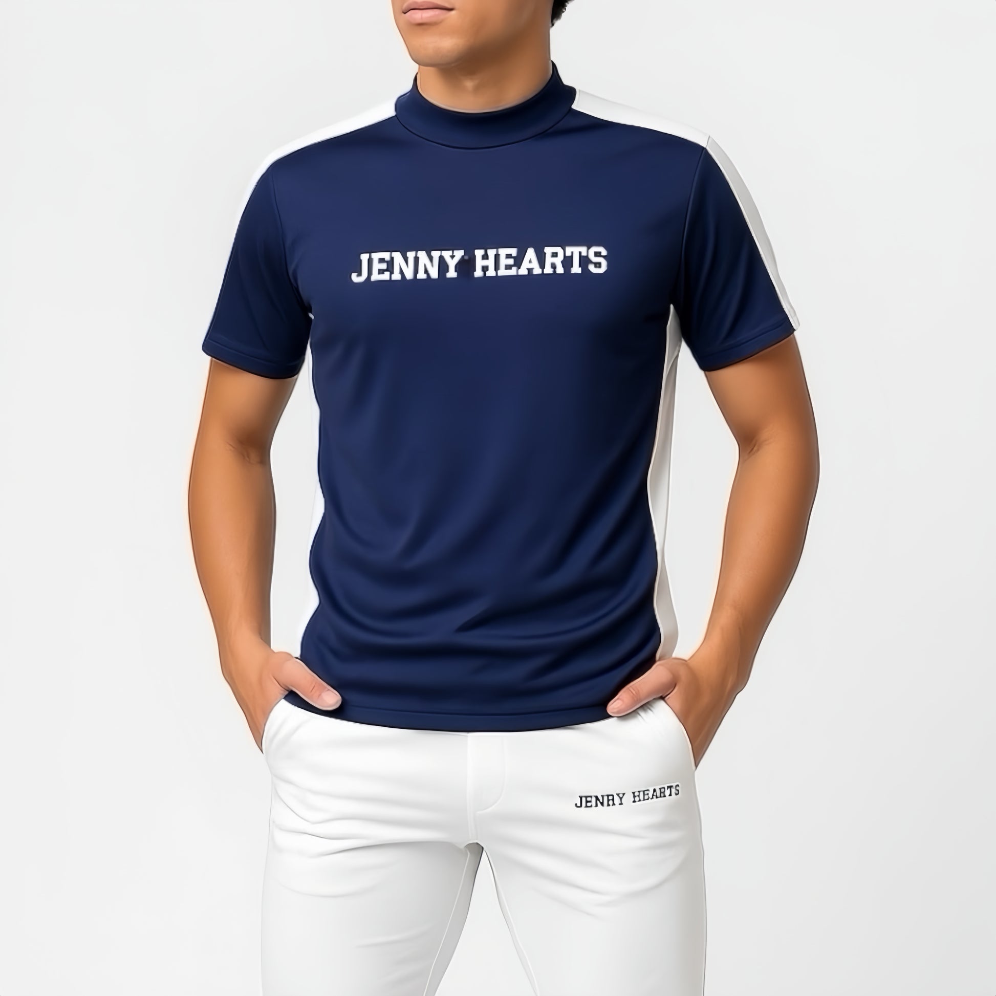 Mens Mock Neck Spandex 究極のなめらかさゴルフウェア メンズ 夏 モックネック 半袖 軽量 ネイビー ツートンカラー UVカット 速乾 伸縮性抜群 おしゃれ