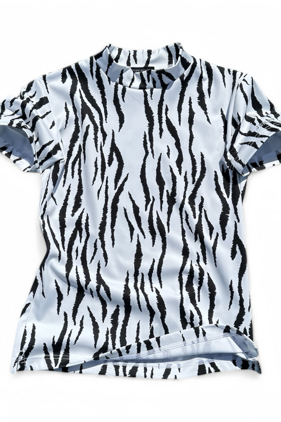 Ladies Animal Mock Neck Zebra レディースゴルフウェア アニマル モックネック ゼブラ 半袖 春夏 高ストレッチ 肌触り柔らか 速乾 UVカット レディース ホワイト アニマル柄 オシャレ 可愛い ゴルフ女子 おすすめ プレゼント