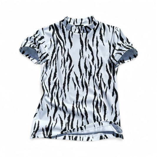 Ladies Animal Mock Neck Zebra レディースゴルフウェア アニマル モックネック ゼブラ 半袖 春夏 高ストレッチ 肌触り柔らか 速乾 UVカット レディース ホワイト アニマル柄 オシャレ 可愛い ゴルフ女子 おすすめ プレゼント