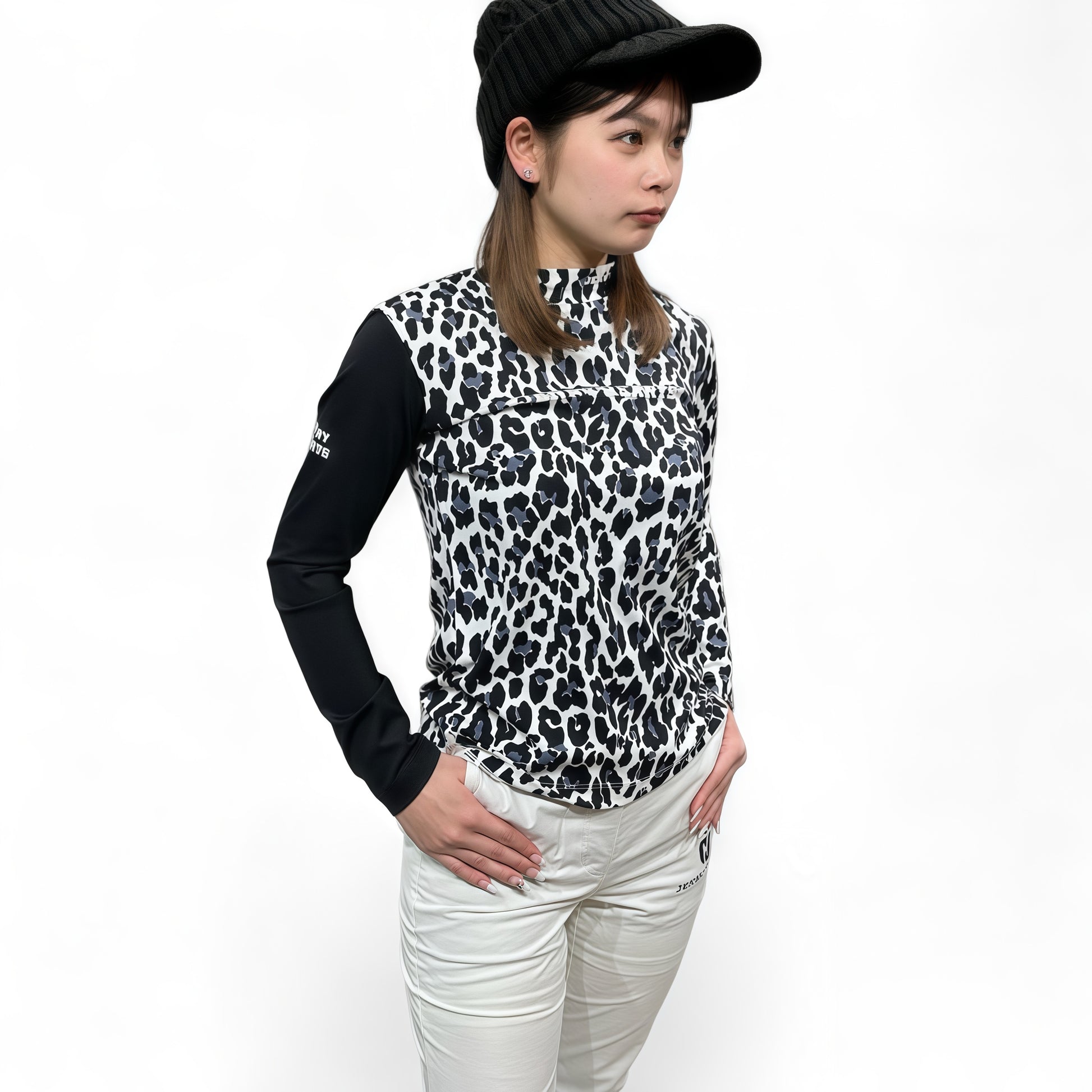 Ladies Smooth Mock Animal Panther レディースモックネック ナイロン 長袖 黒豹 伸縮性 接触冷感 UVカット 春秋 おしゃれ 可愛い ゴルフ女子