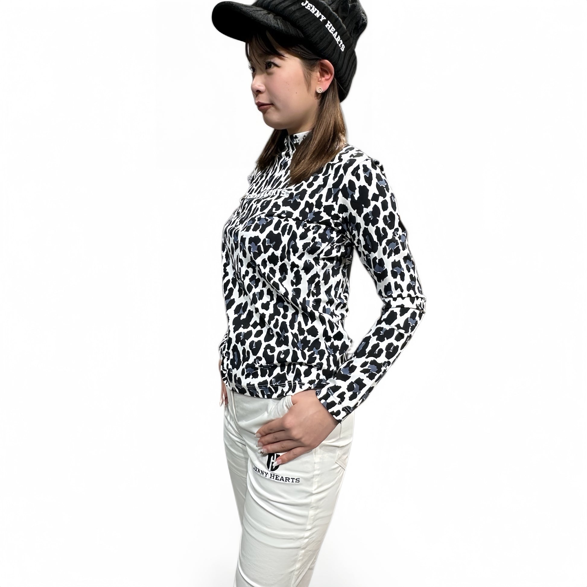 Ladies Smooth Mock Animal Panther レディースモックネック ナイロン 長袖 黒豹 伸縮性 接触冷感 UVカット 春秋 おしゃれ 可愛い ゴルフ女子