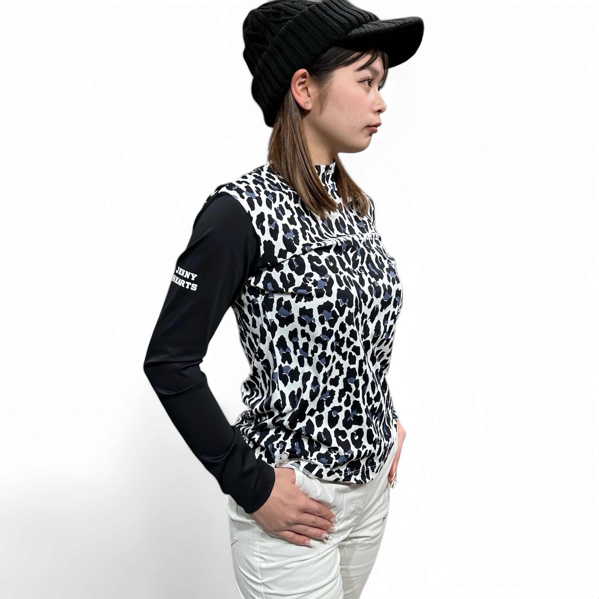 Ladies Smooth Mock Animal Panther レディースモックネック ナイロン 長袖 黒豹 伸縮性 接触冷感 UVカット 春秋 おしゃれ 可愛い ゴルフ女子