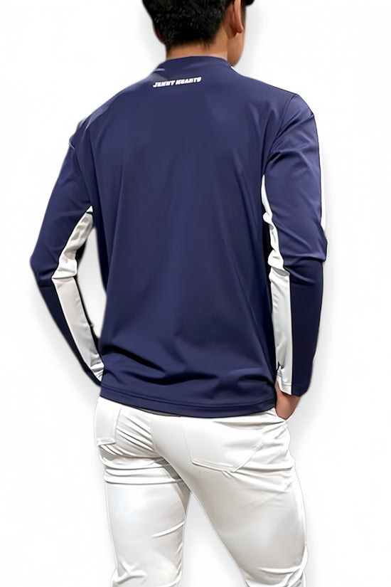 Men's Mock Neck Spandex Golf Apparel: Ultimate Smoothness, Men's Summer Mock Neck Long Sleeves, Lightweight, Navy, Two-Tone Color, UV Protection, Quick Drying, Excellent Stretchy, Stylish