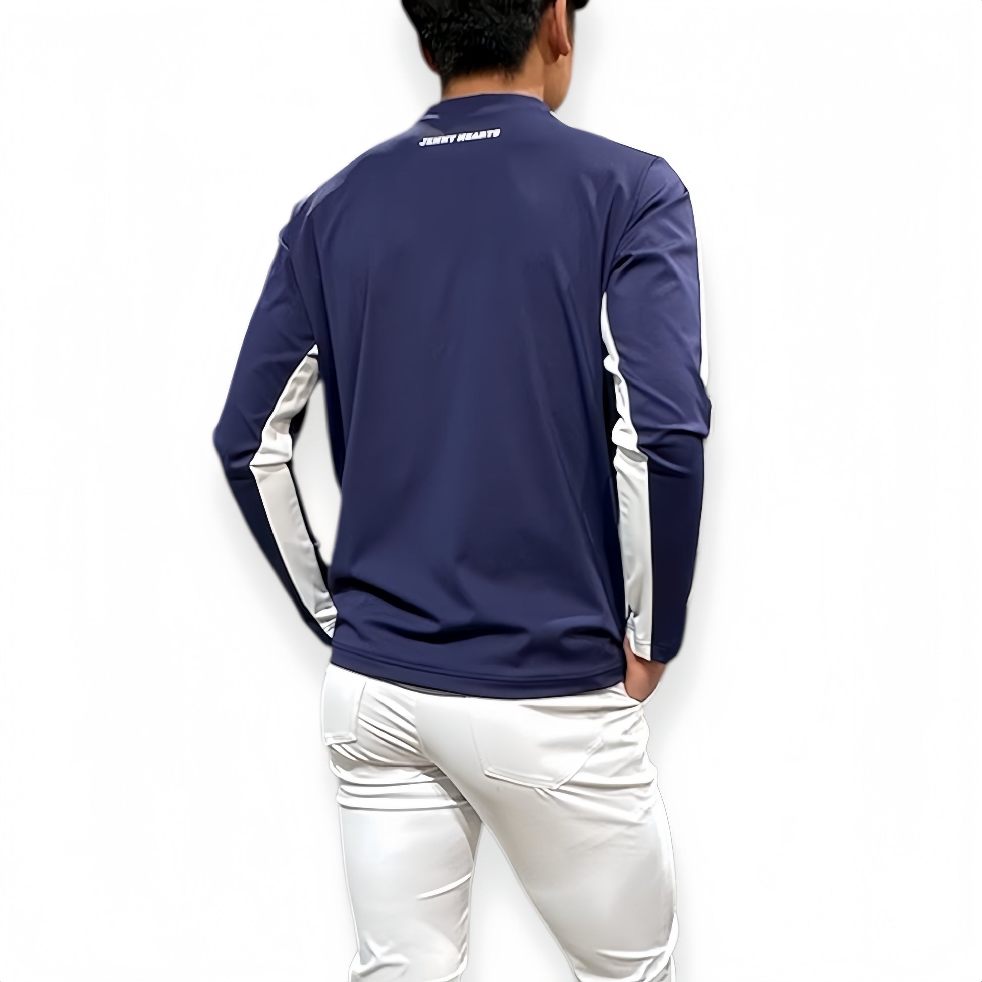 Men's Mock Neck Spandex Golf Apparel: Ultimate Smoothness, Men's Summer Mock Neck Long Sleeves, Lightweight, Navy, Two-Tone Color, UV Protection, Quick Drying, Excellent Stretchy, Stylish