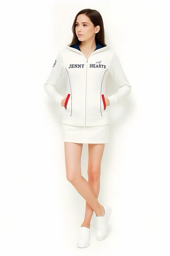 Women's Light Weight Knit Hoodie, a lightweight, double-zip, quick-drying, easy-care polyester knit golf jacket with a hood and washable construction.