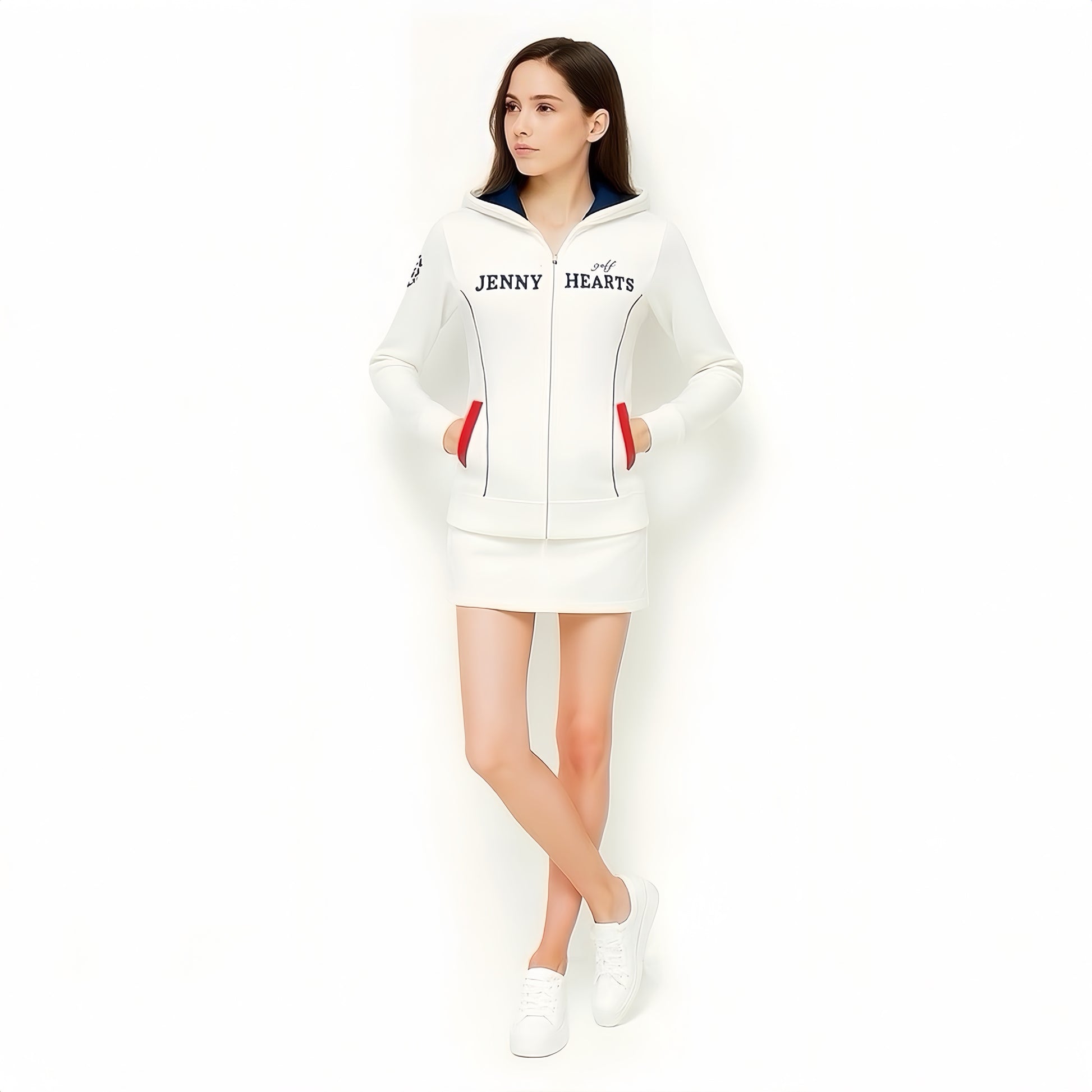Women's Light Weight Knit Hoodie, a lightweight, double-zip, quick-drying, easy-care polyester knit golf jacket with a hood and washable construction.