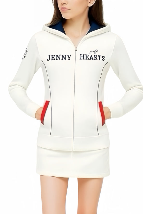 Women's Light Weight Knit Hoodie, a lightweight, double-zip, quick-drying, easy-care polyester knit golf jacket with a hood and washable construction.