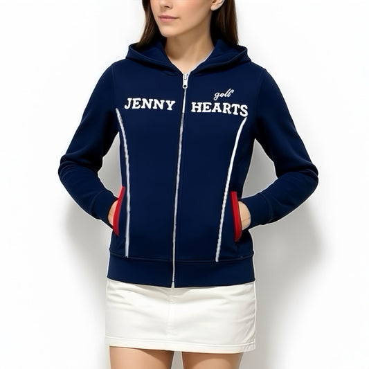 Women's Light Weight Knit Hoodie, a lightweight, double-zip, quick-drying, easy-care polyester knit golf jacket with a hood and washable construction.
