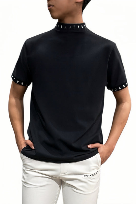 Men's Grosgrain Mock Neck Golf Apparel for Summer. Short Sleeve Mock Neck. Grosgrain Stretch Fabric. Smooth to the Touch, Quick-Drying, UV Protection, and Opaque. Simple, Stylish, High-Quality, and High-Performance. Recommended as a Gift. Made in Japan.
