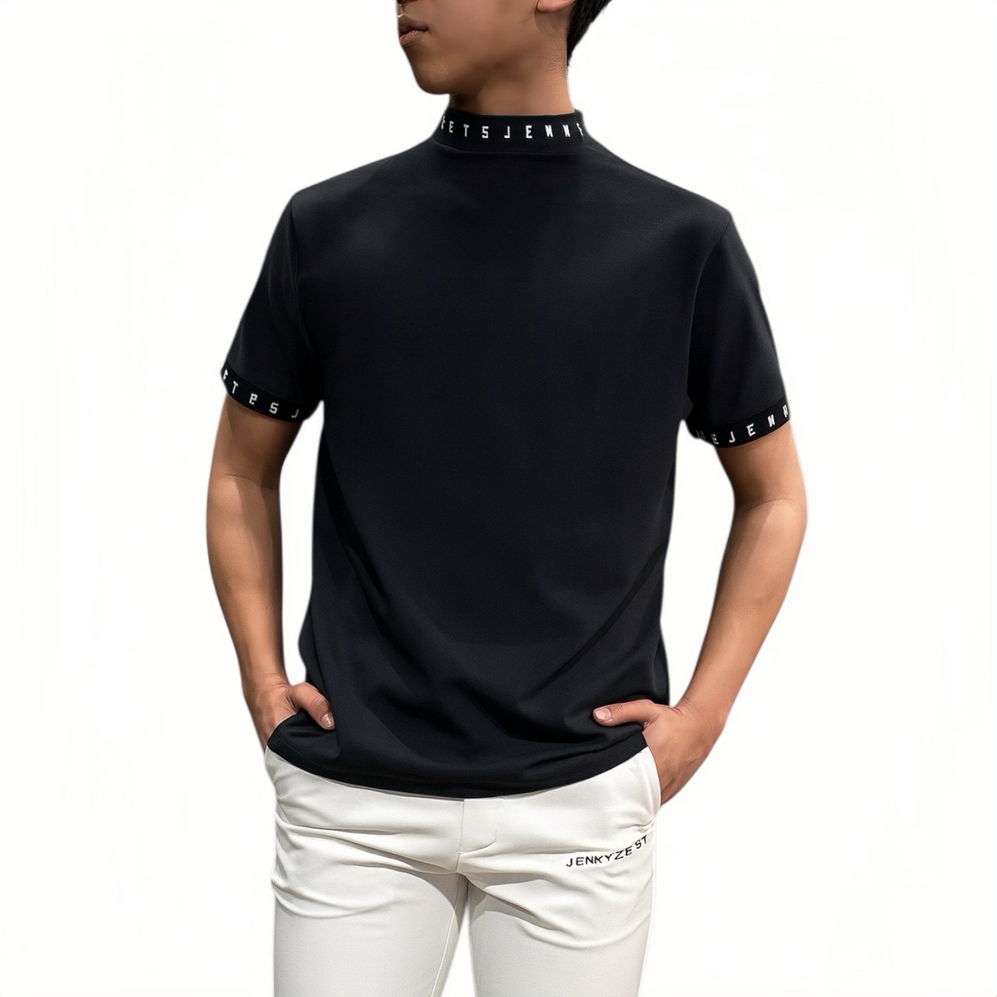 Men's Grosgrain Mock Neck Golf Apparel for Summer. Short Sleeve Mock Neck. Grosgrain Stretch Fabric. Smooth to the Touch, Quick-Drying, UV Protection, and Opaque. Simple, Stylish, High-Quality, and High-Performance. Recommended as a Gift. Made in Japan.